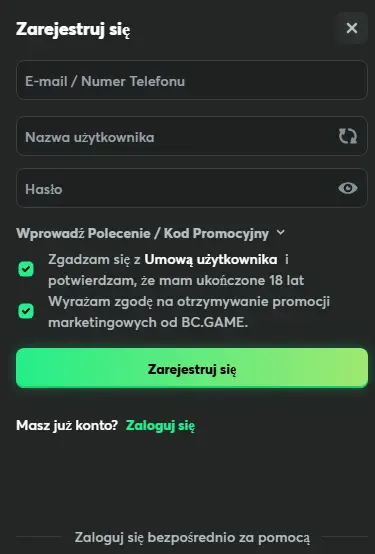 Rejestracja konta w kasynie online BCgame
